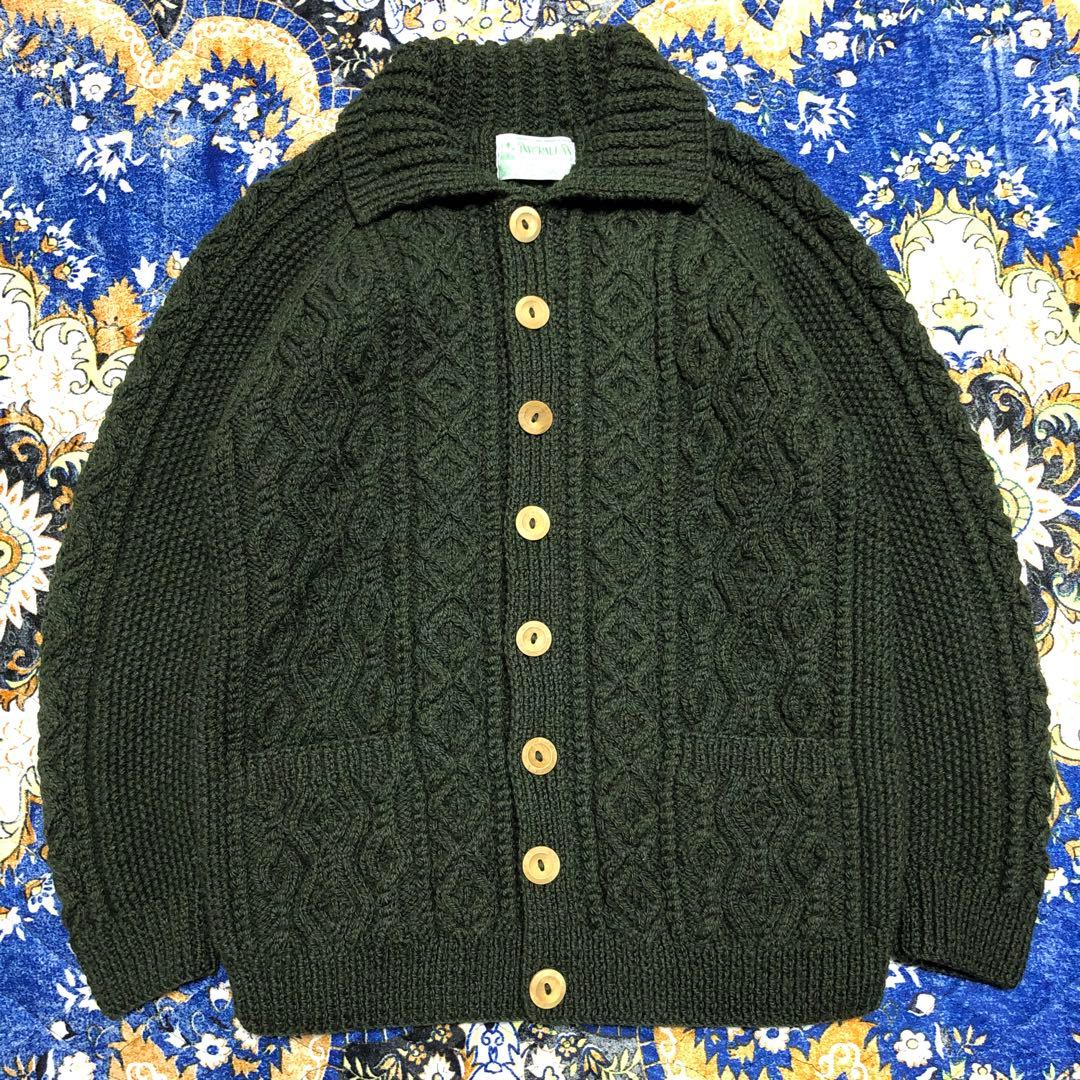インバーアラン　ニット　カーディガン　オリーブ　グリーン