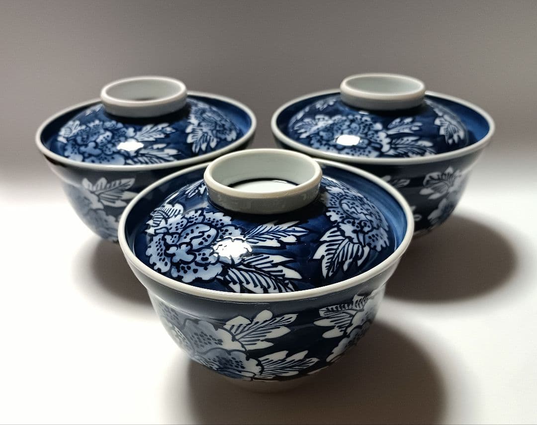 ② 源右衛門窯 染付 牡丹絵 蓋物 小丼 蒸碗 3客組 未使用品