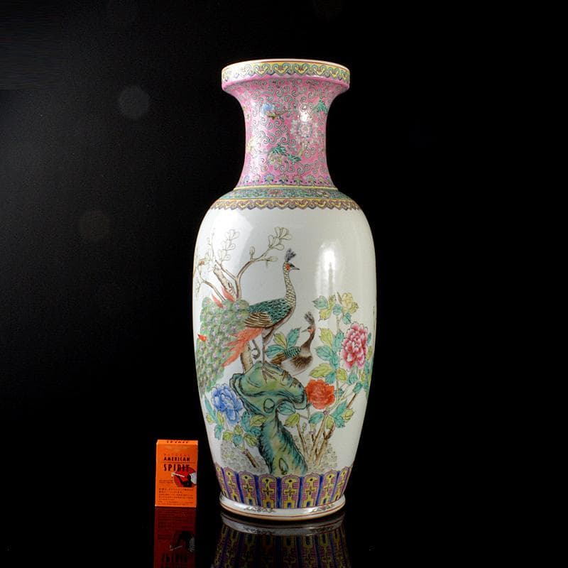 中国　中国景徳鎮製　粉彩　漢詩孔雀牡丹文瓶　D　R5521C