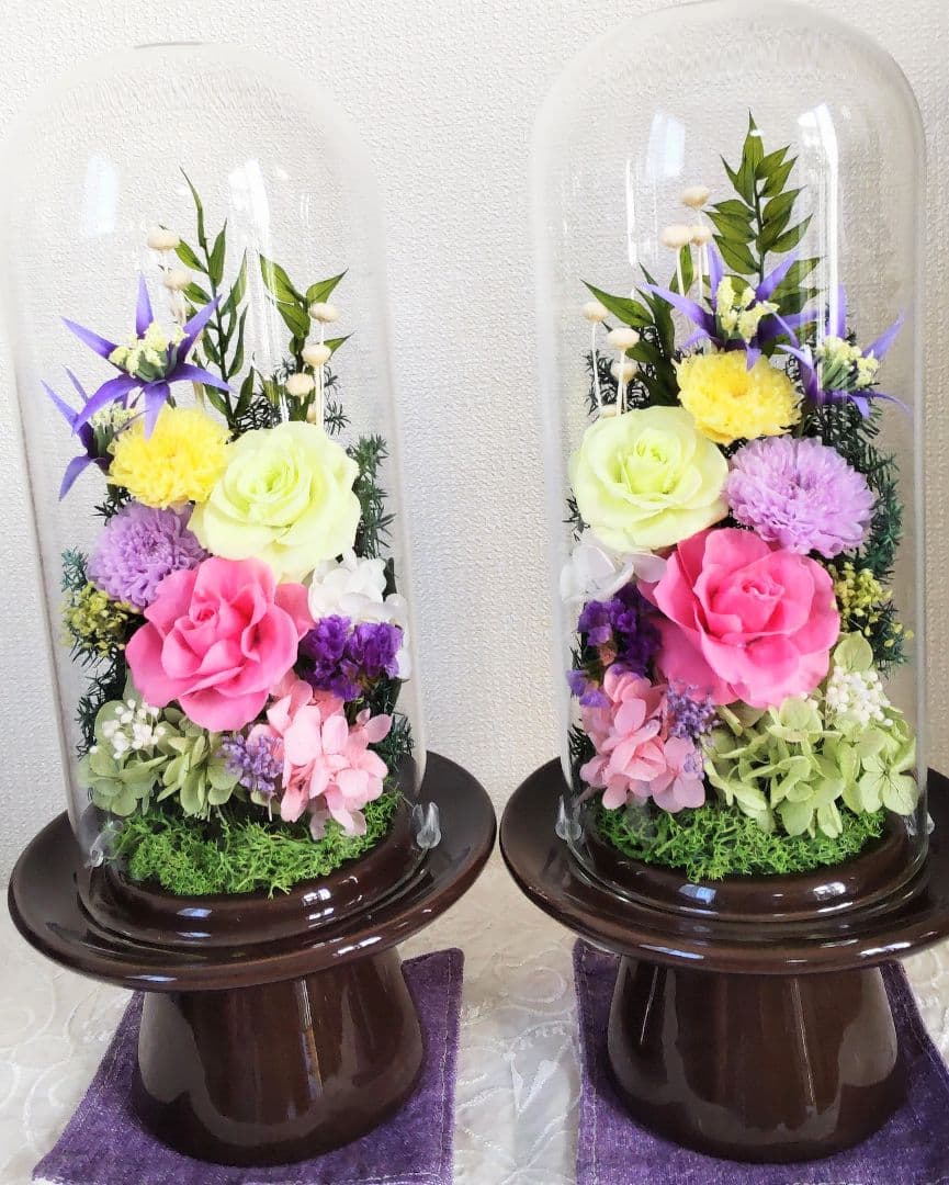 ガラスドーム一対仏花プリザーブドフラワーお手入れ不要