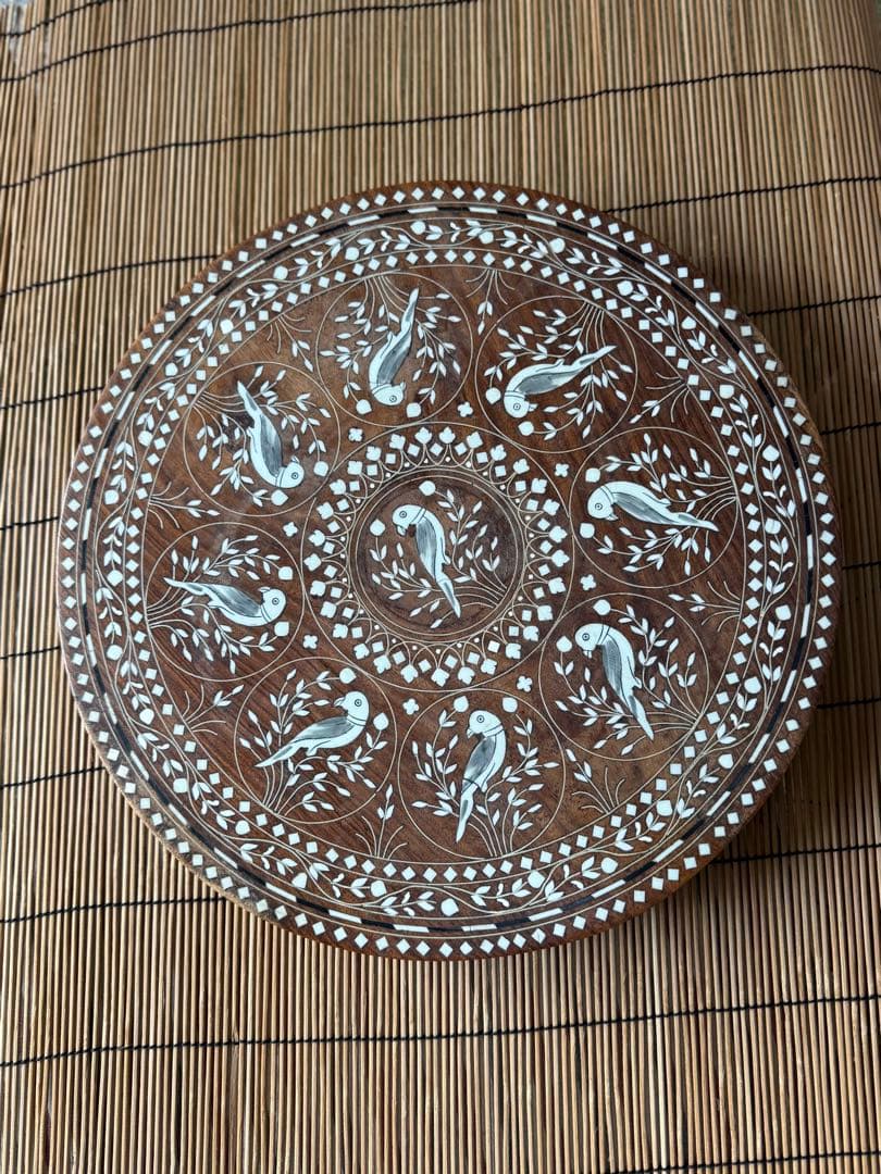 鳥モチーフ 象嵌(ぞうがん)細工 アジアンサイドテーブル 3本脚