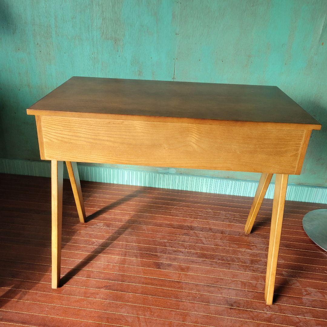 送料込みラタン×ウォルナット デスク 引き出し付 ヴィンテージ調 北欧モダン