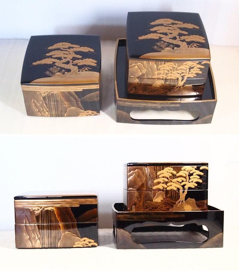 【最高級・極美品】輪島塗 漆芸/堀忠 山水蒔絵 四段重箱 台付き お重/弁当箱