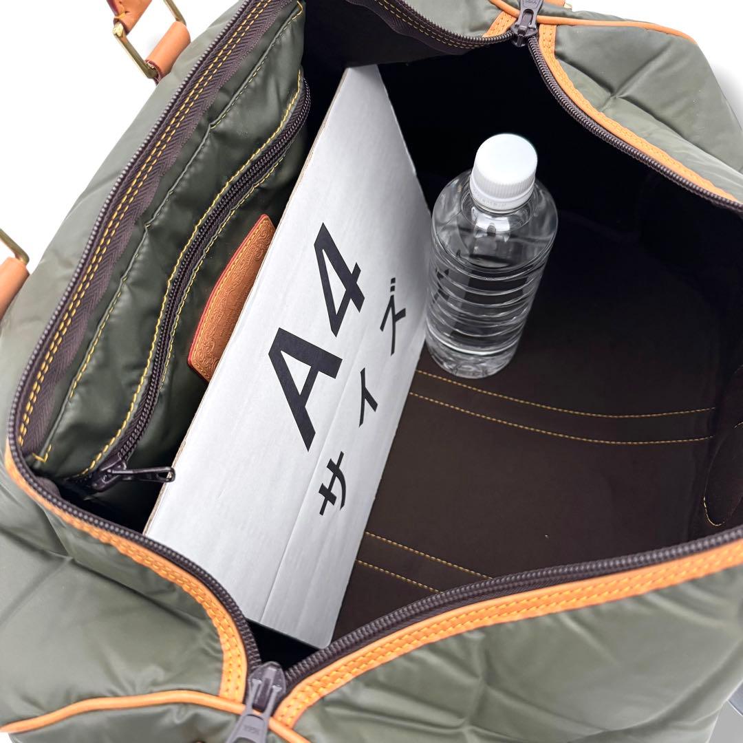 ハンティングワールド ボストンバッグ バチュークロスナイロン × レザー カーキ