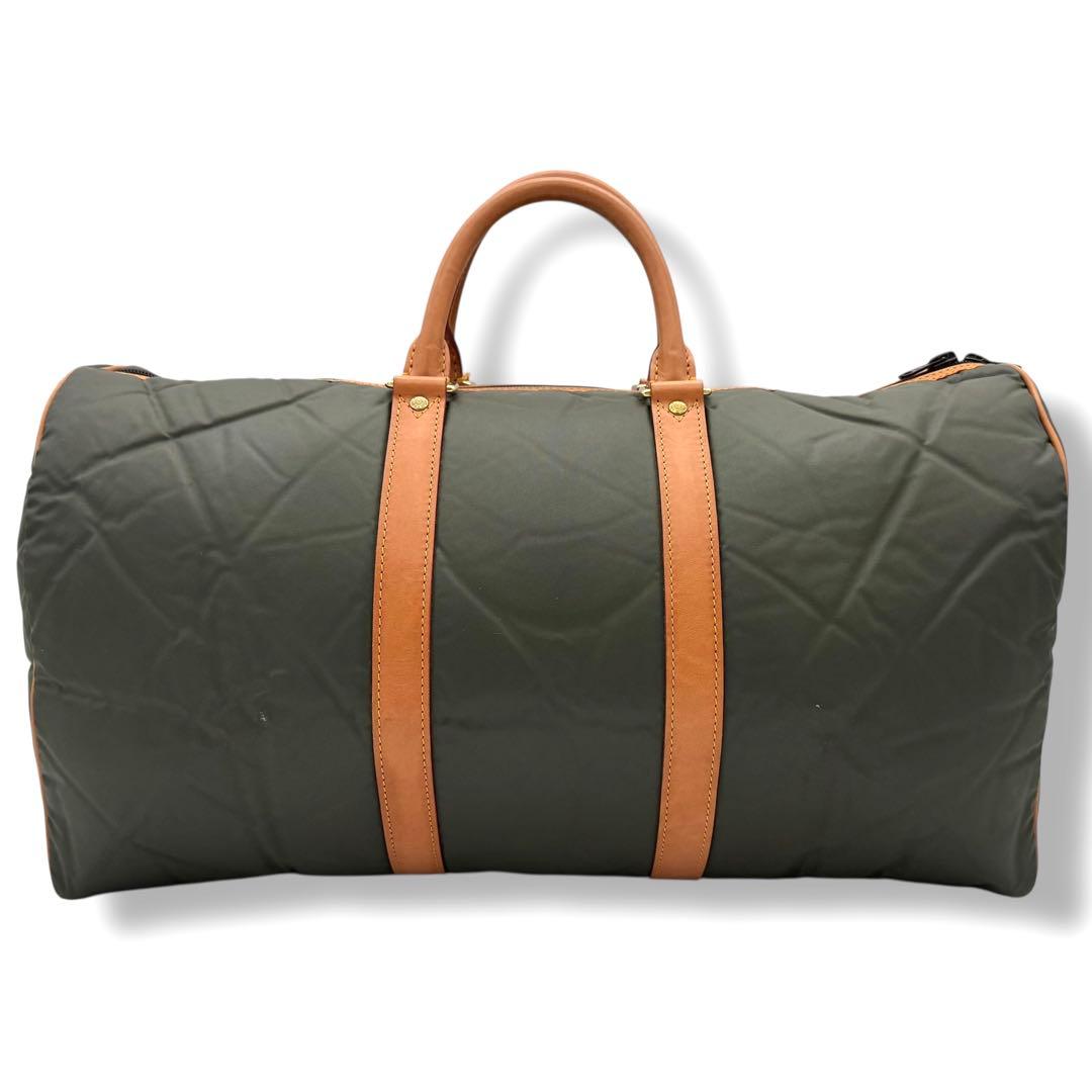 ハンティングワールド ボストンバッグ バチュークロスナイロン × レザー カーキ