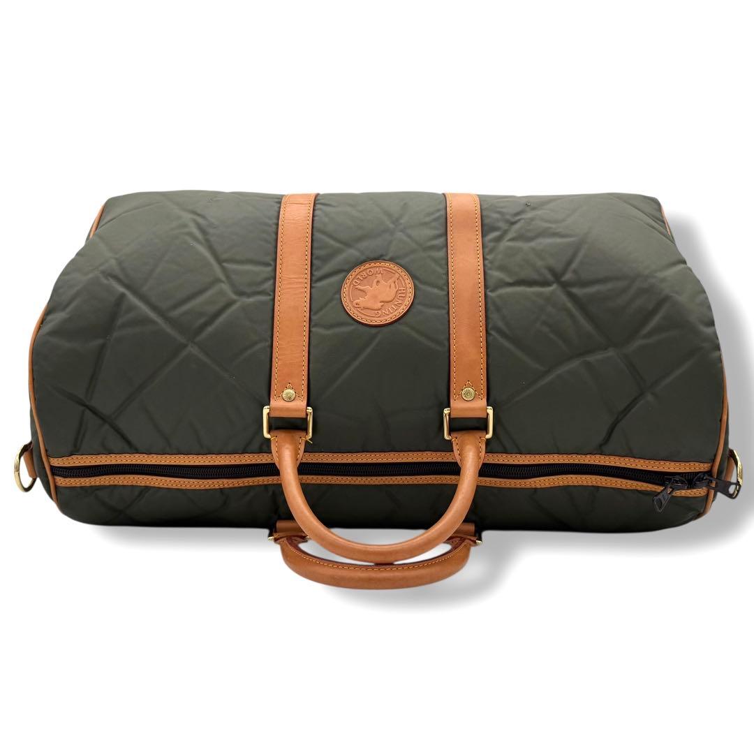 ハンティングワールド ボストンバッグ バチュークロスナイロン × レザー カーキ