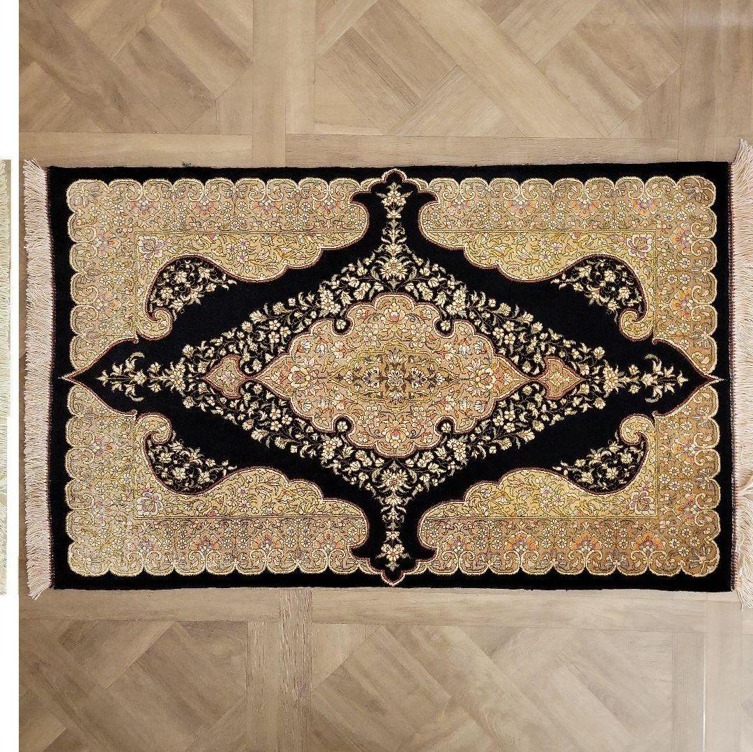 94x60cmペルシャマット(624)絹100%・クム産・絨毯・ギャッベ・ラグ