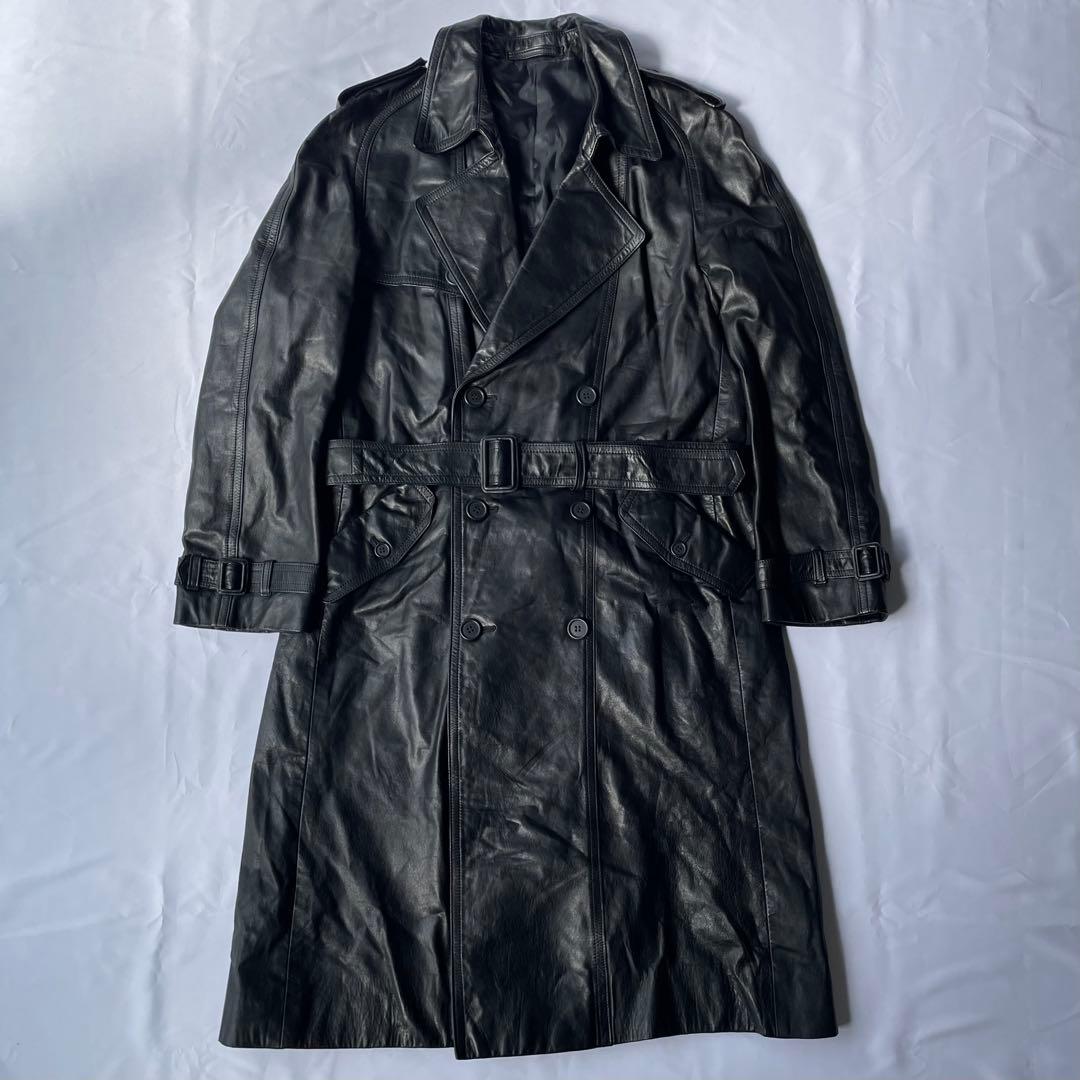 日本製 牛革 リアルレザー ヴィンテージ トレンチコート ブラック LL