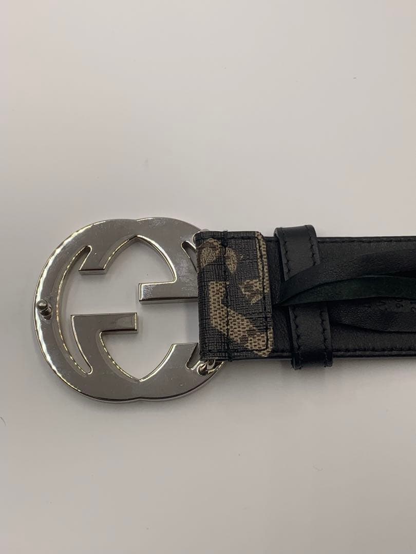 美品 グッチ　インターロッキング　ベルト　スプリームGG　PVC×レザーブラック