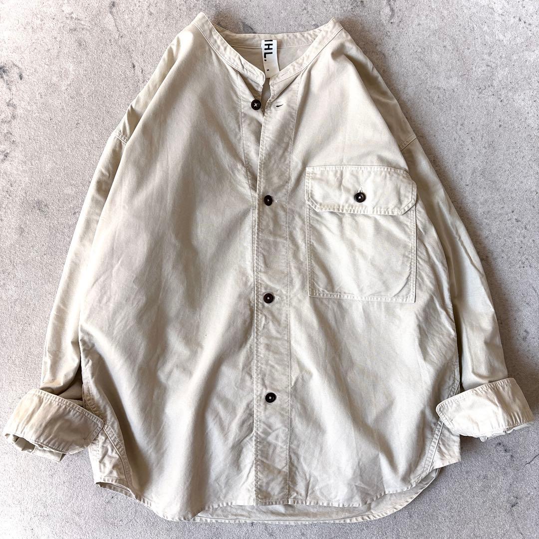 MHL. メンズ オーバーサイズ コットン バンドカラー シャツ アイボリー白_