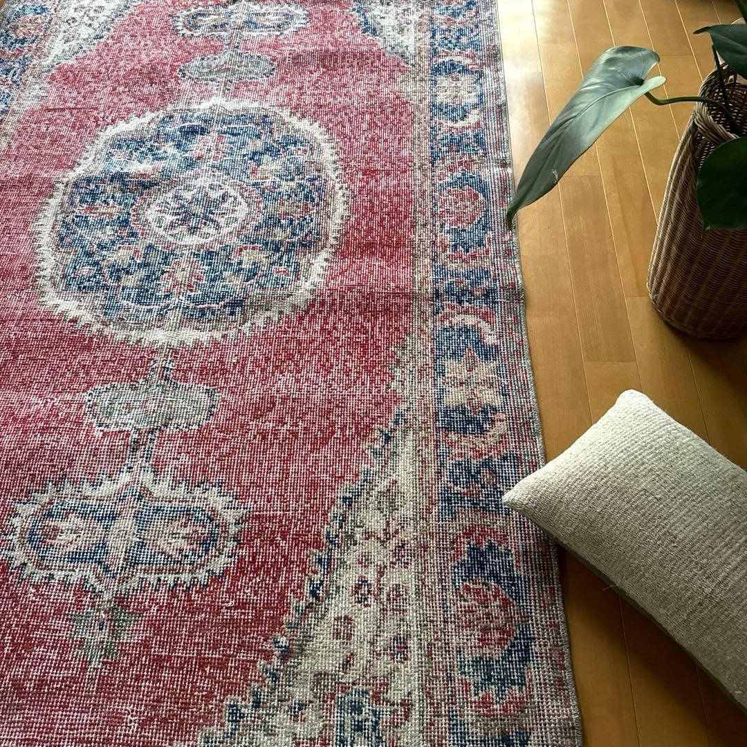 101.5×221赤と青　王道メダリオン　トルコヴィンテージラグ