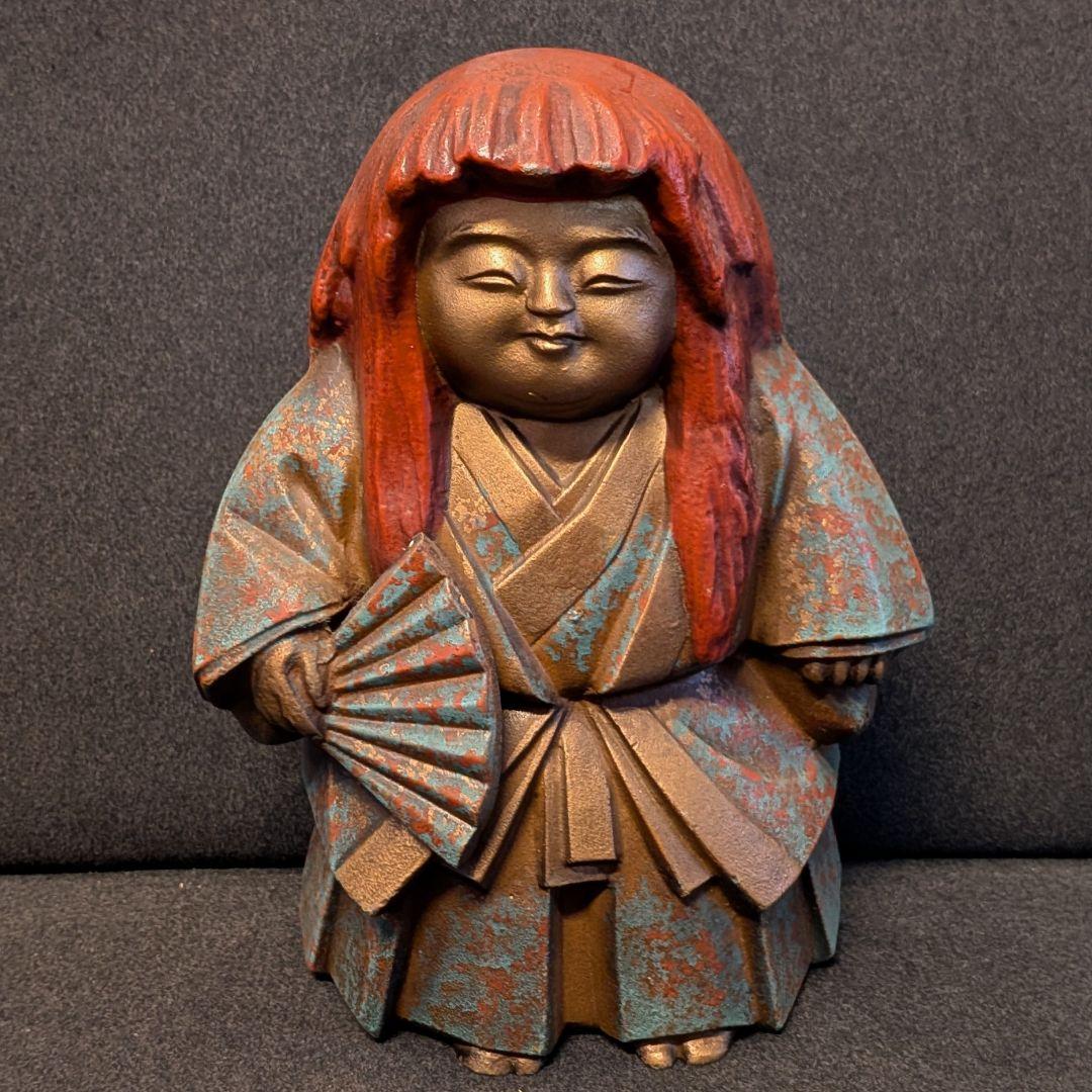和装 童子像 扇子持ち 金属製 置物 鋳造刻印あり ブロンズ調 古美術風