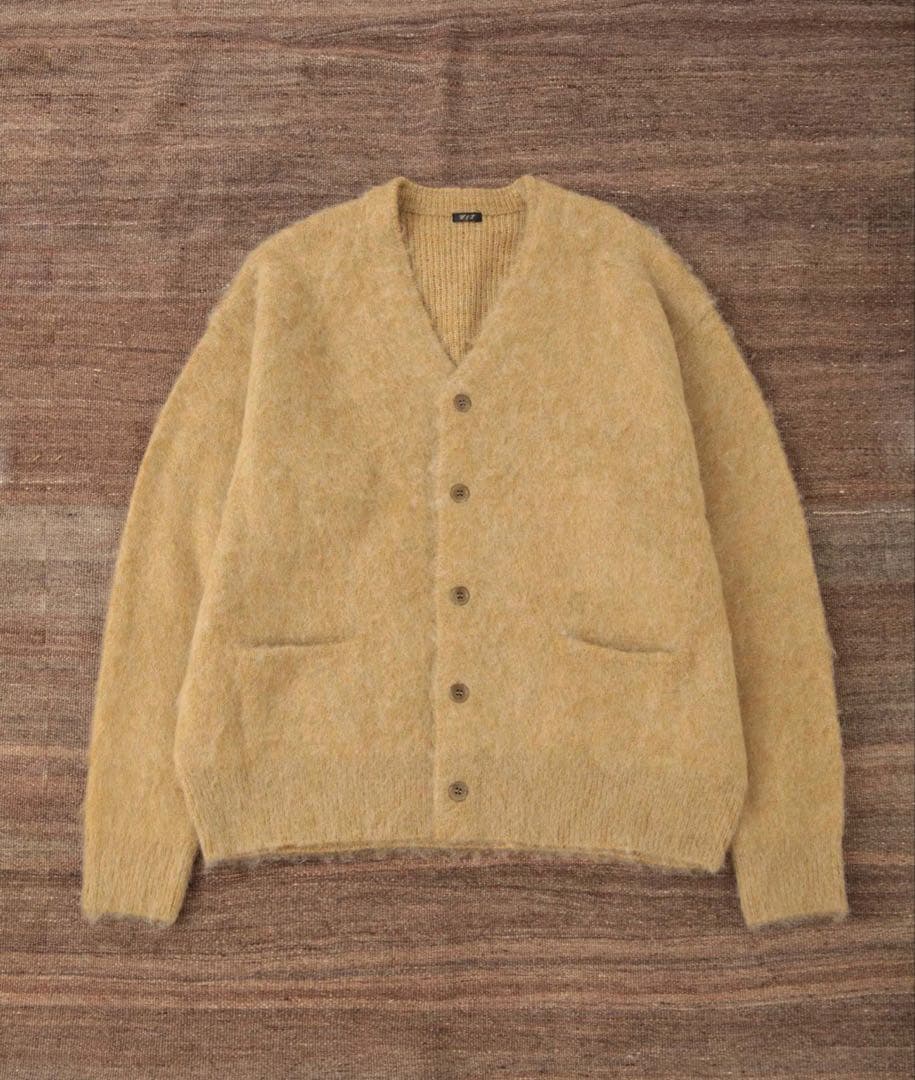 イエロー Vネックカーディガン モヘア混合