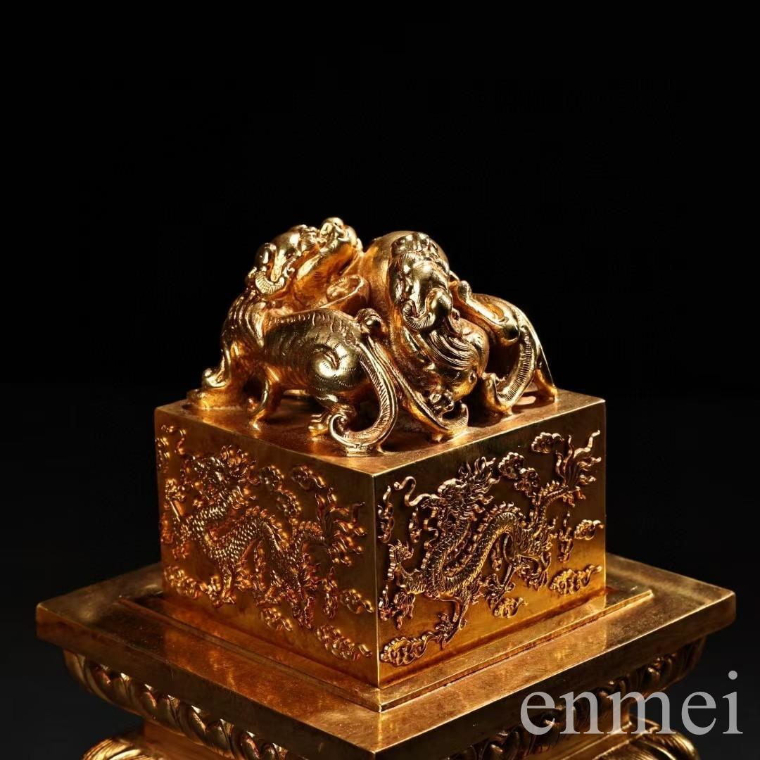 中国古美術・旧蔵鏨刻鎏金の龍印鑑玉璽・純銅製・高浮彫・置物・書道具・文房具・風水