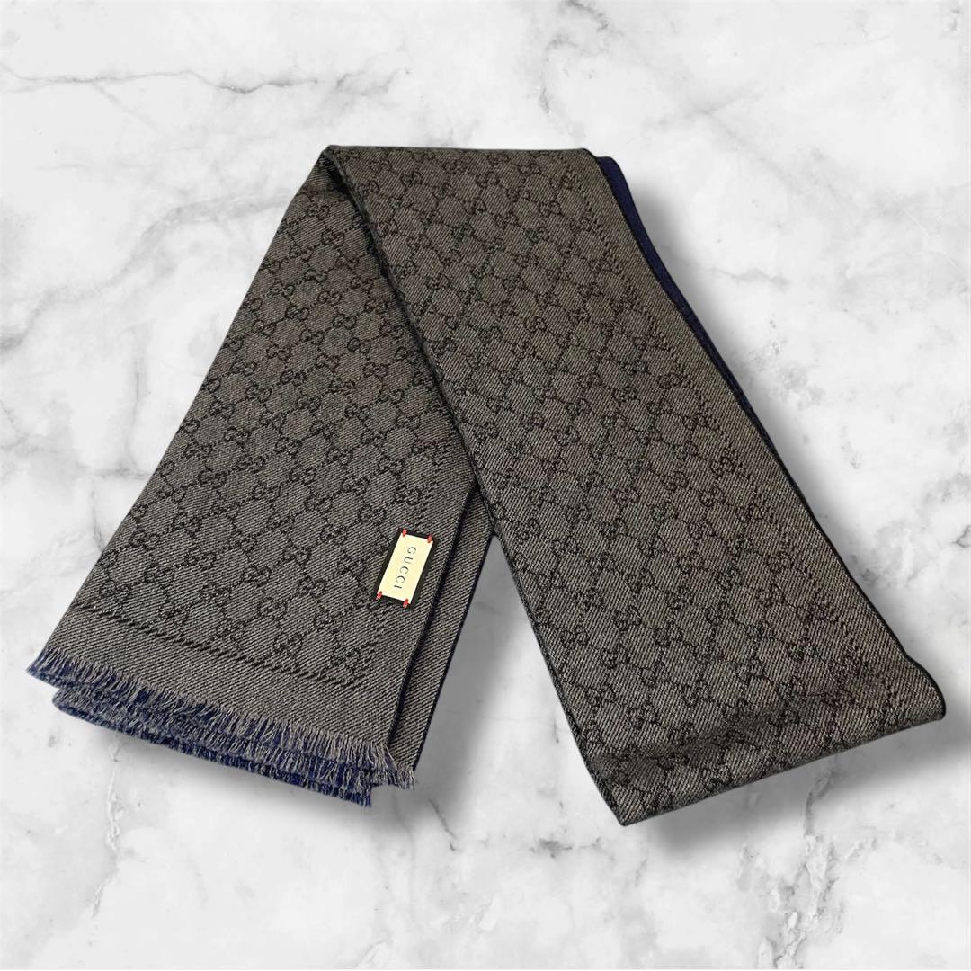 【美品】GUCCI GGパターン マフラー グレー/ネイビー