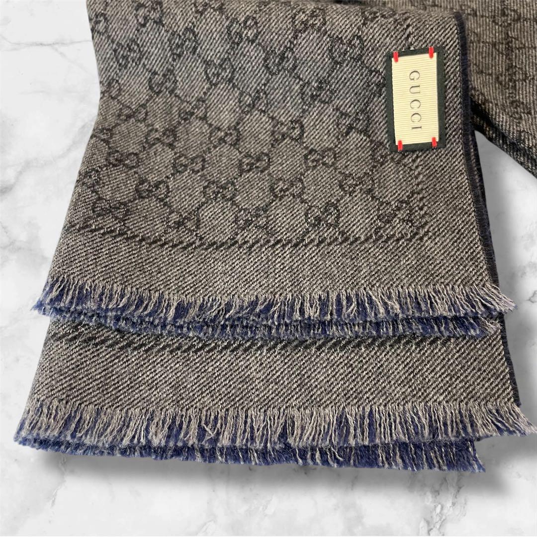 【美品】GUCCI GGパターン マフラー グレー/ネイビー