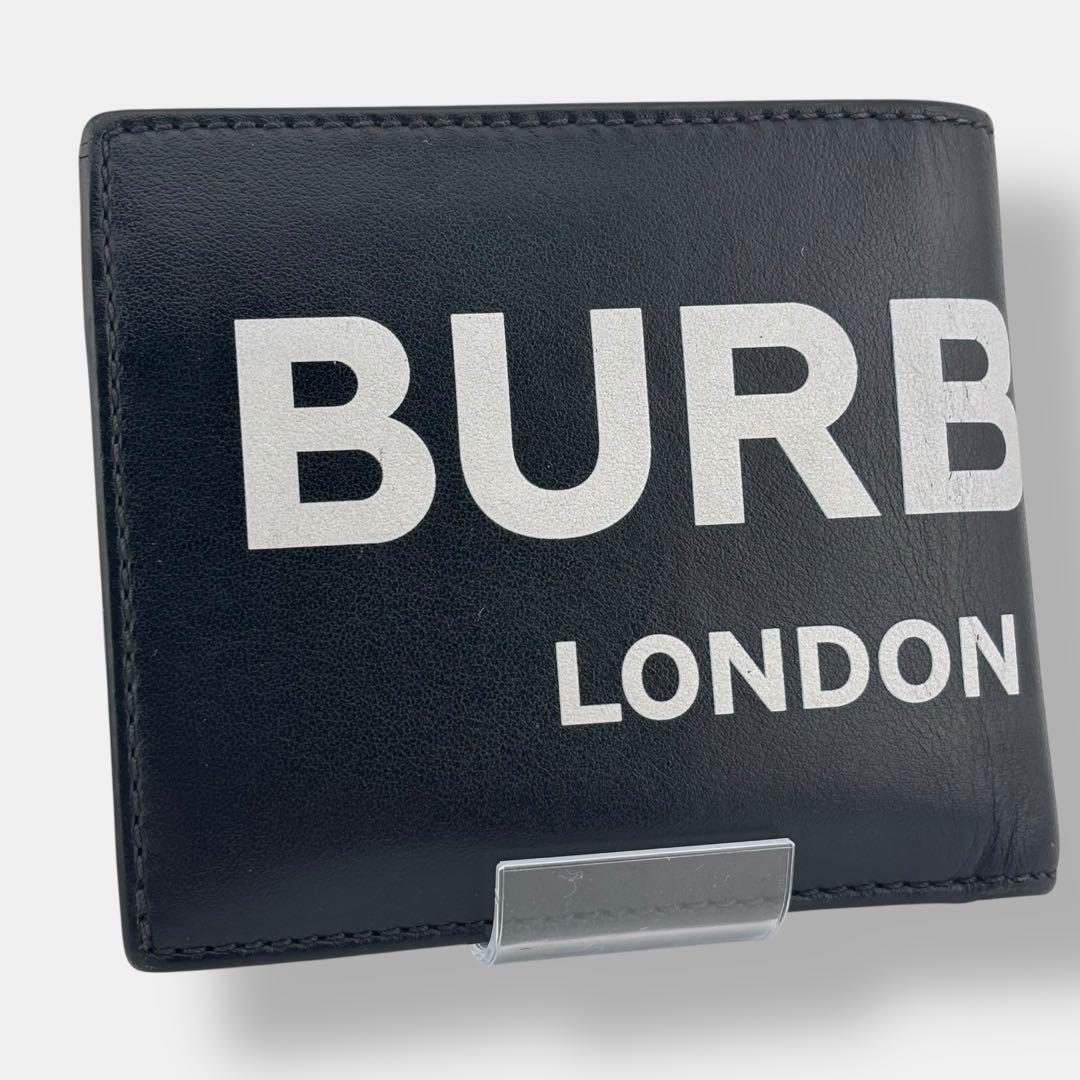 美品 現行 バーバリー 二つ折り財布 小銭入れ付 ロゴプリント レザー ブラック