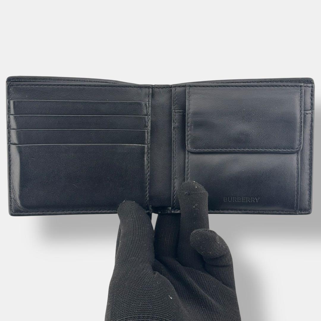 美品 現行 バーバリー 二つ折り財布 小銭入れ付 ロゴプリント レザー ブラック