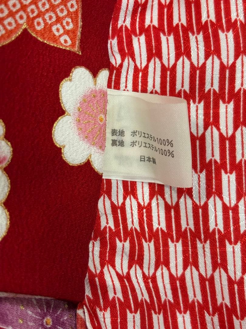 七五三　女の子着物　2点セット　華やか赤縮緬風　手鞠　八重桜　日本製