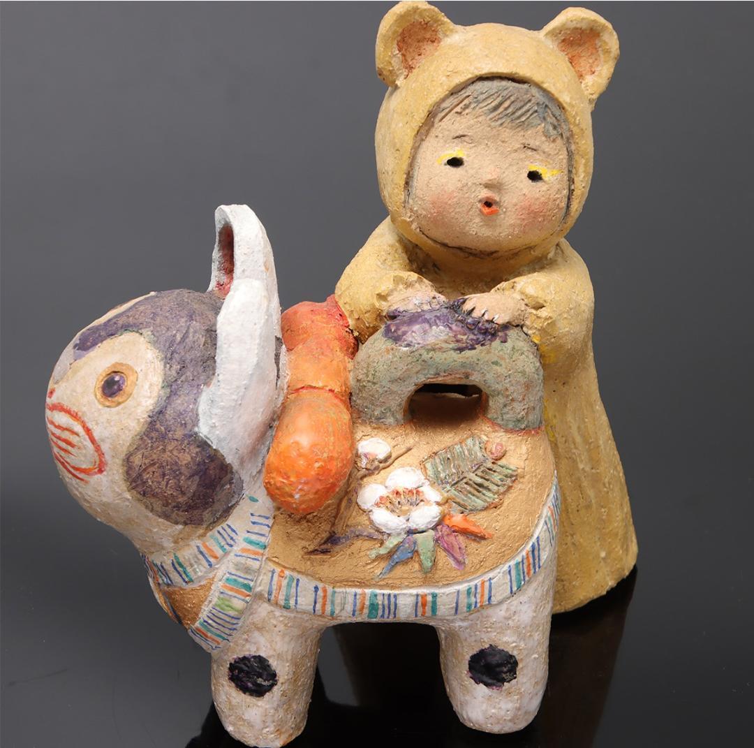 林義雄 作『犬張子と子供』箱無 童塑 陶人形 ＹＯＳＨＩＯ Ｈ 童画家 絵本画家