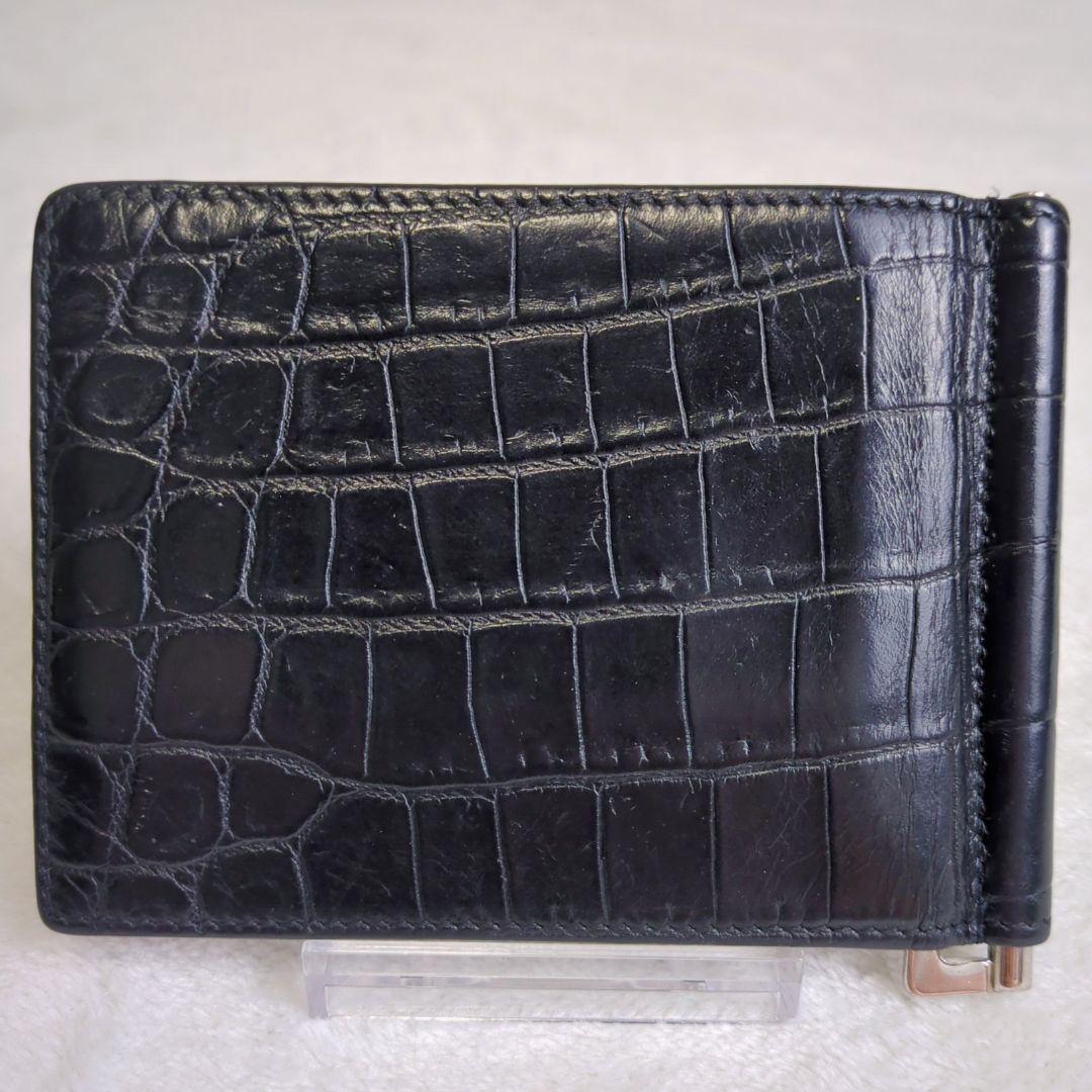 サンローラン　マネークリップ　クロコ型押しレザー　ブラック　折り財布