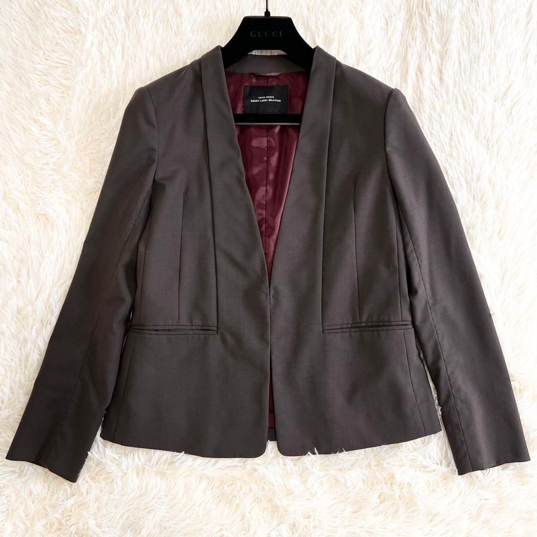 美品✨グリーンレーベルリラクシング　パンツスーツ　ノーカラー　ブラウン　40