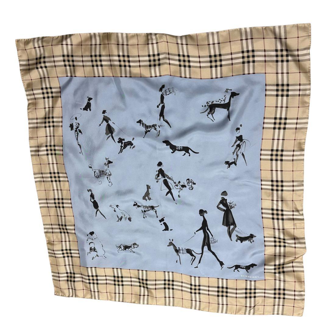 バーバリーロンドン☆大判スカーフ ノバチェック 犬 女性 散歩 シルク ブルー
