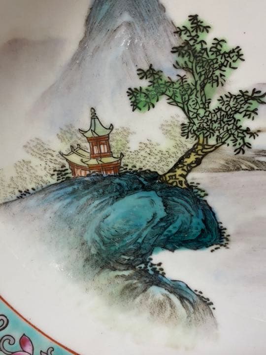中国美術 山水 大皿 粉彩 飾皿