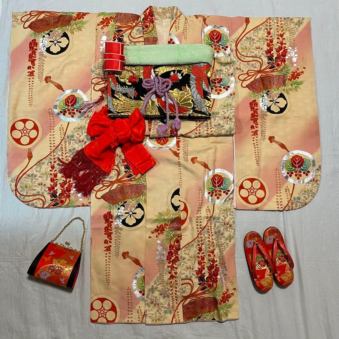 七五三　7歳　ハーフ成人式　子ども着物　アンティーク　正絹　アイボリー