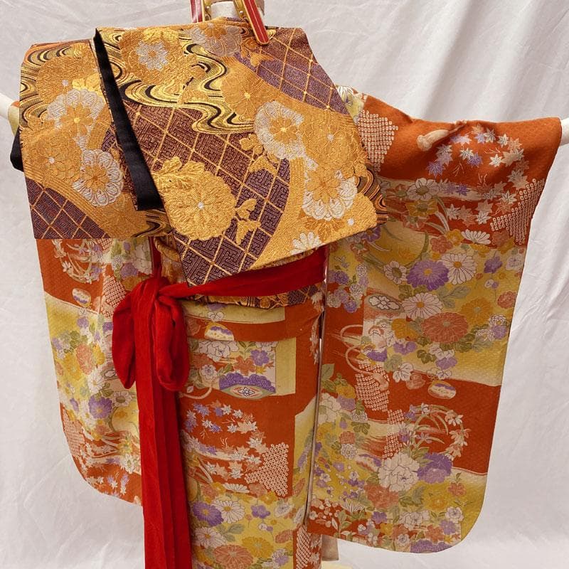 512ag40◎七五三 七歳 女児 アンティーク着物&袋帯 レトロ オレンジ◎