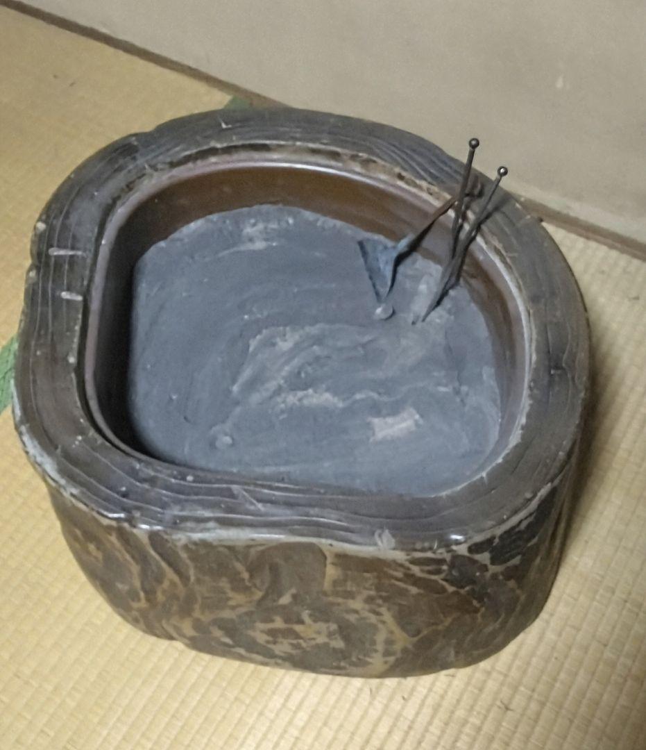 火鉢 灰 道具付★大型 切り株 木製 火鉢 レトロ 銅 手焙り