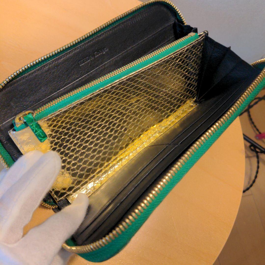 池田工芸100万円がはいる長財布クロコダイルダブルゴールドパイソンモデルグリーン