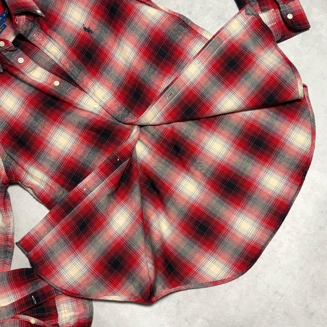 ラルフローレン 長袖シャツ オンブレチェック 刺繍　ポニーロゴ 赤 M