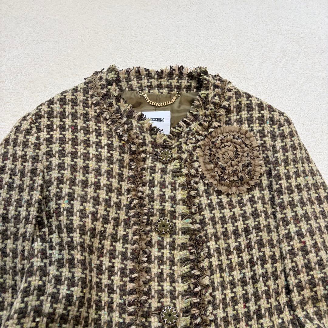 ❁ MOSCHINO ツイードロングコート フリンジ イタリア性 ノーカラー