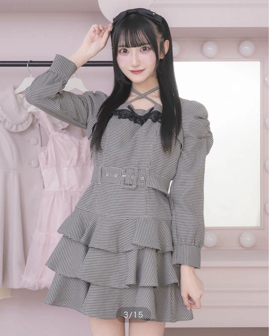 pium ティアードフリル長袖ミニワンピース