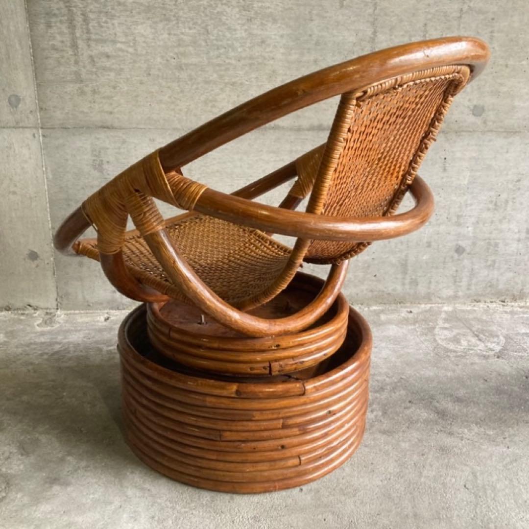 籐 ラタン 回転椅子 チェア 丸型 円形 編み込み アジアン 木製 家具 レトロ
