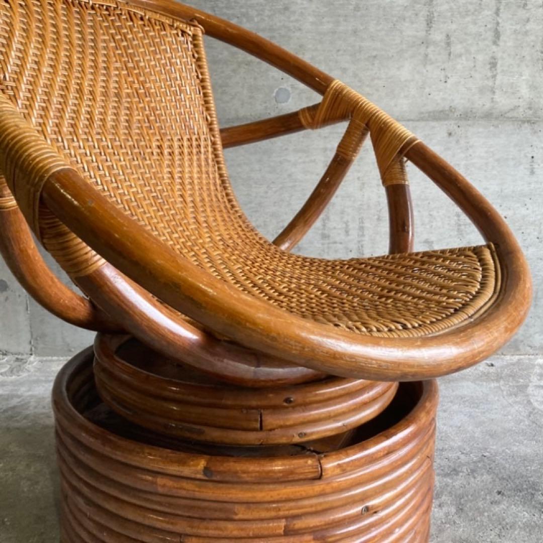 籐 ラタン 回転椅子 チェア 丸型 円形 編み込み アジアン 木製 家具 レトロ