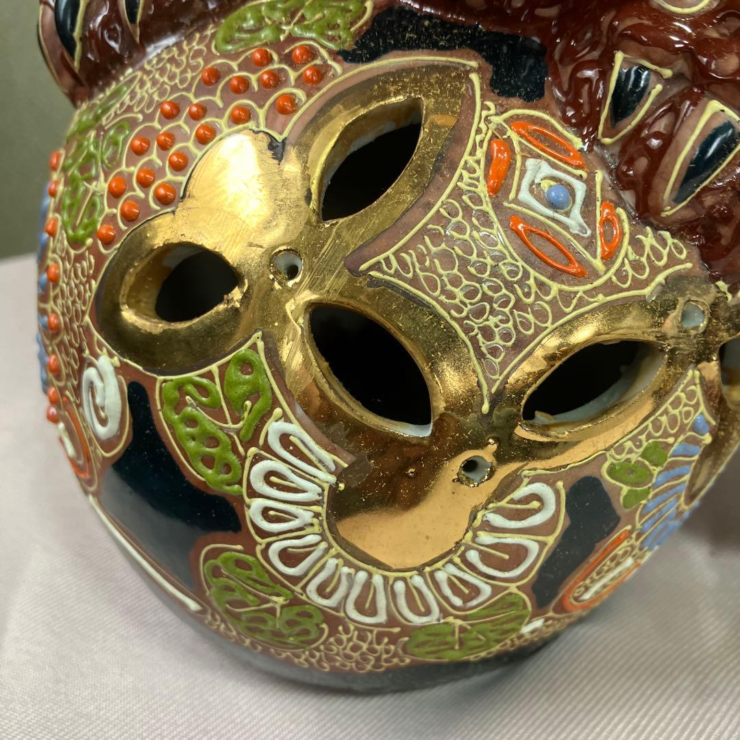 唐獅子 九谷焼 置物 魔除け 狛犬 玉獅子 縁起物 特大　刻印あり 外箱あり