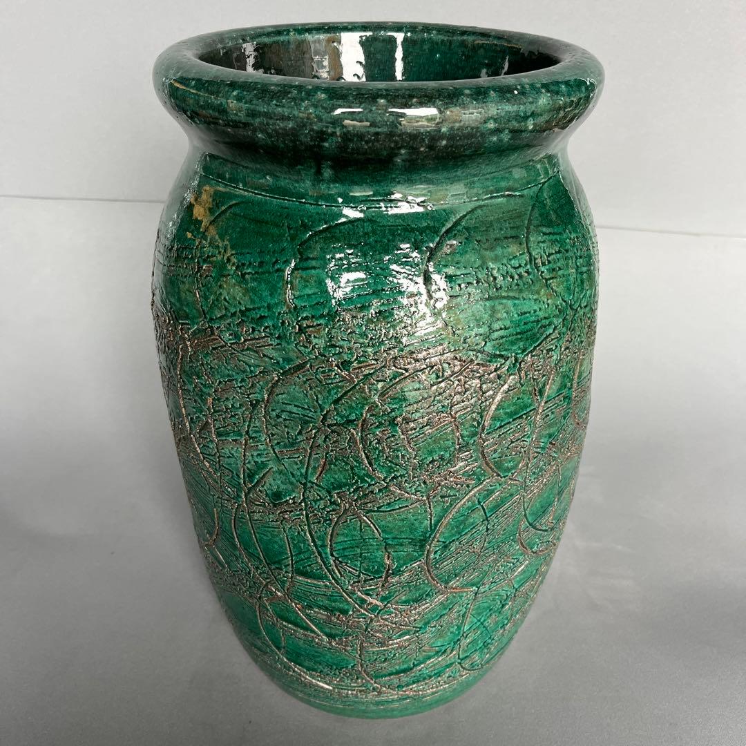 信楽焼傘立て  緑釉線彫 高さ43cm