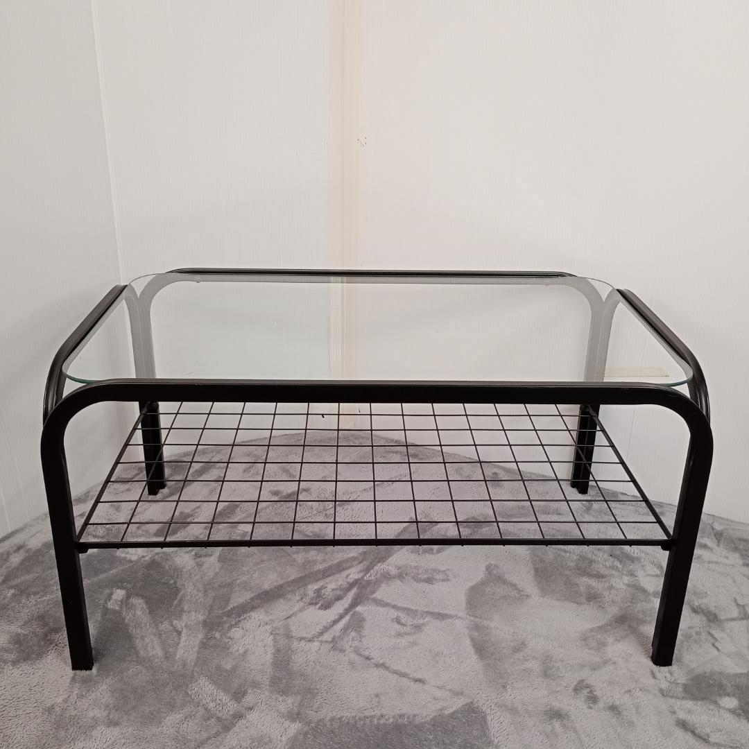昭和レトロ ガラス アイアンフレーム ローテーブル 網棚付き ブラック 黒