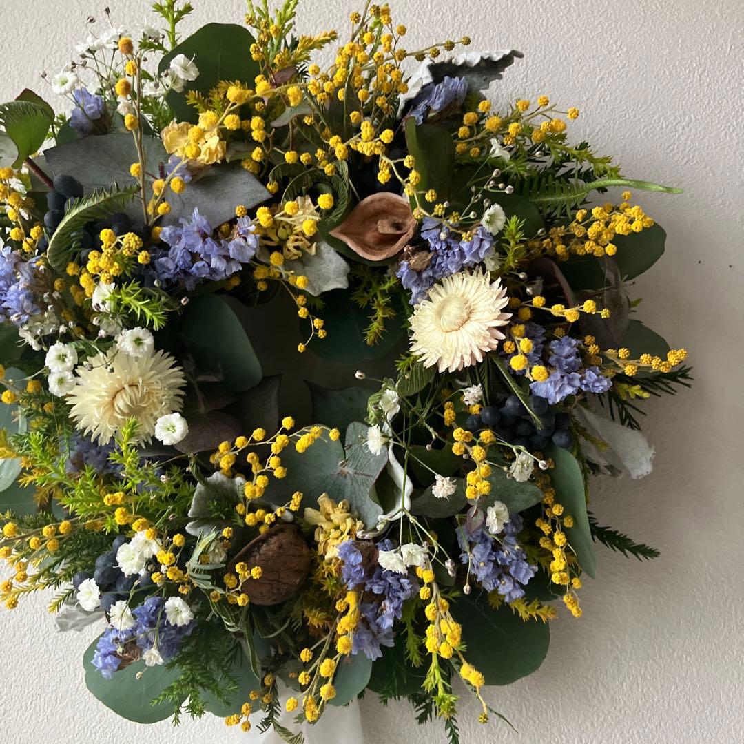 ミモザとブルースターチスのリース　ミランドールミモザ　貝細工　春