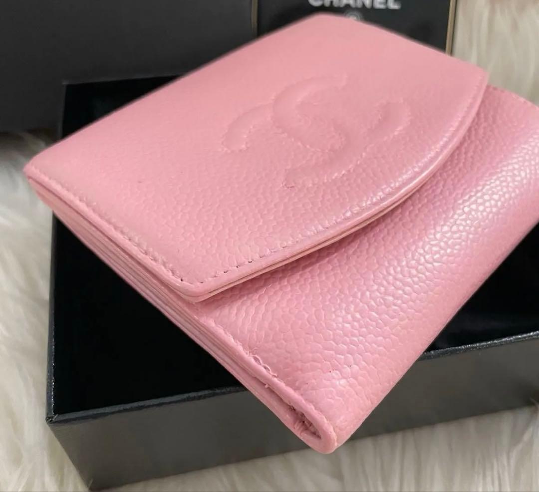 シャネル CHANEL 財布 二つ折りピンク キャビア ココマーク 正規品