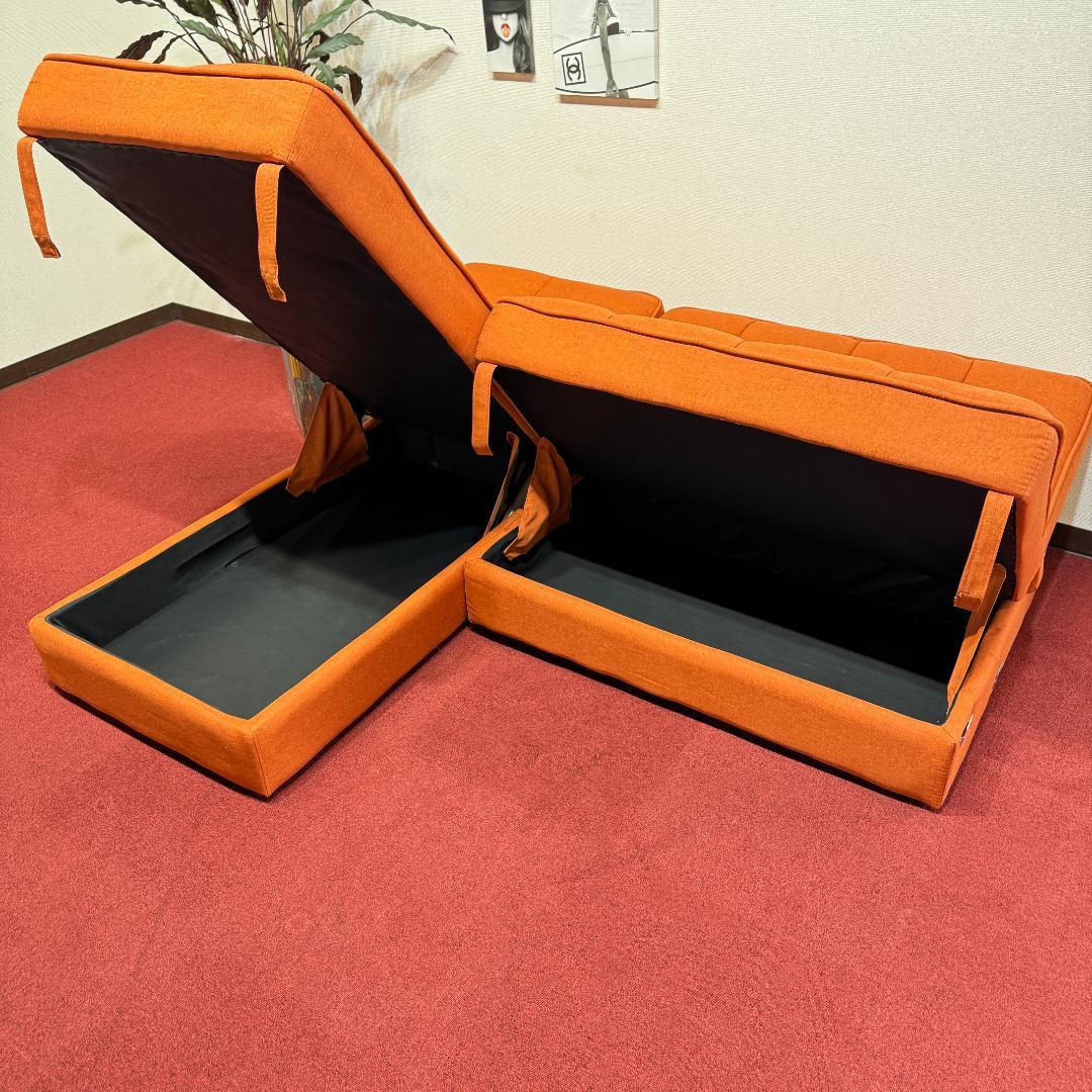 超美品L字型ソファー　収納有　オシャレなレンジ色