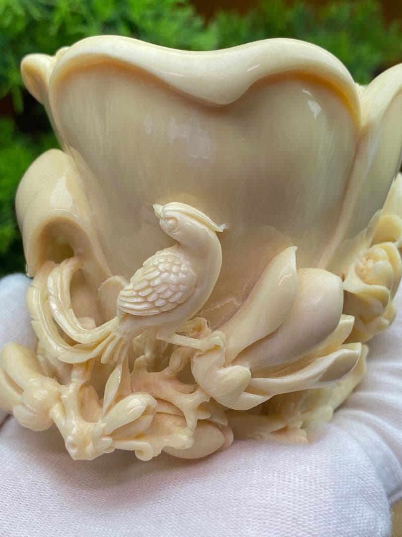 天然マンモス牙美しい手作り彫刻花開富貴置物