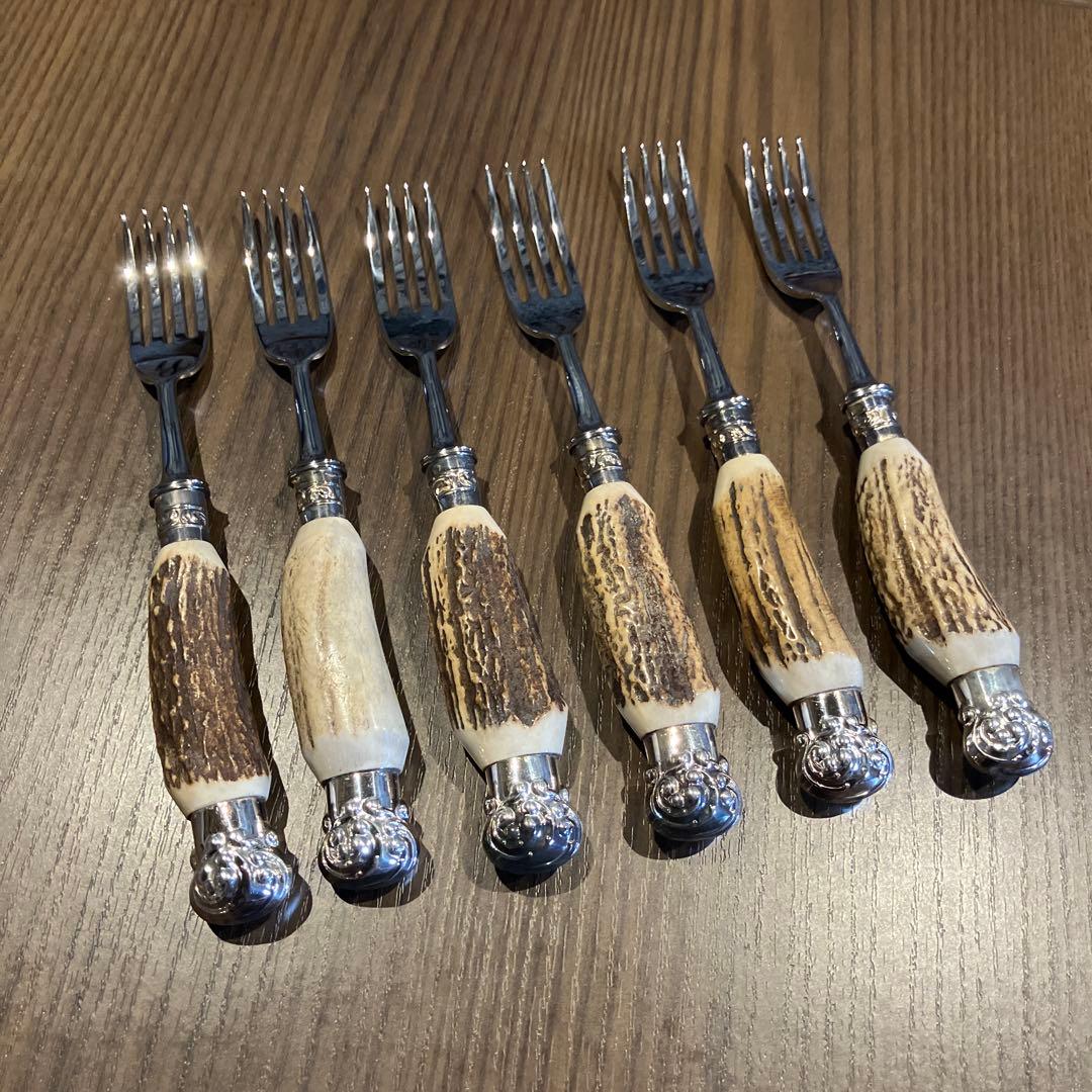 【英国 ヴィンテージ】鹿角ハンドル ステーキフォーク6本セット