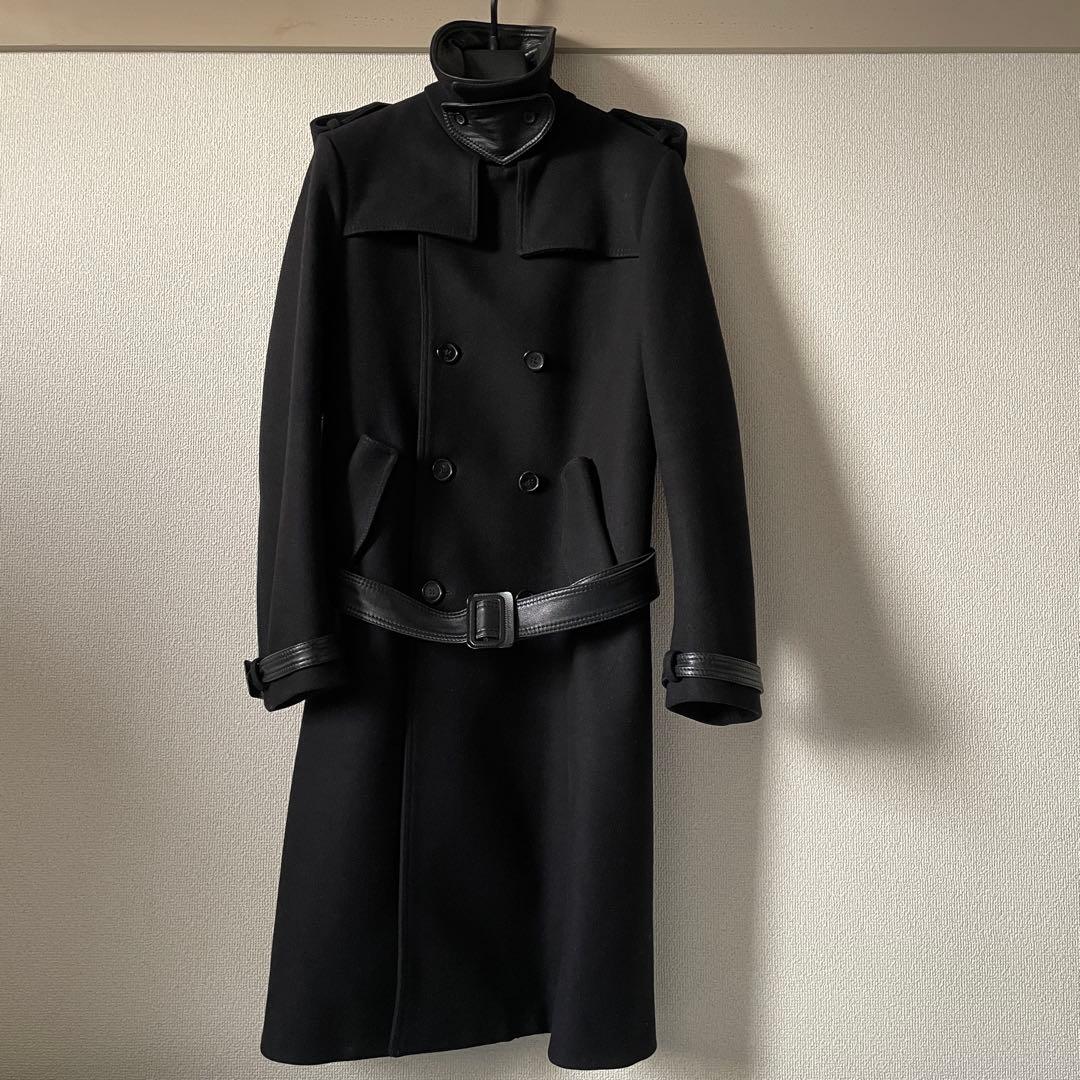 美品【DIOR HOMME】エディ期トレンチ型ウールコート 襟レザー メンズ44