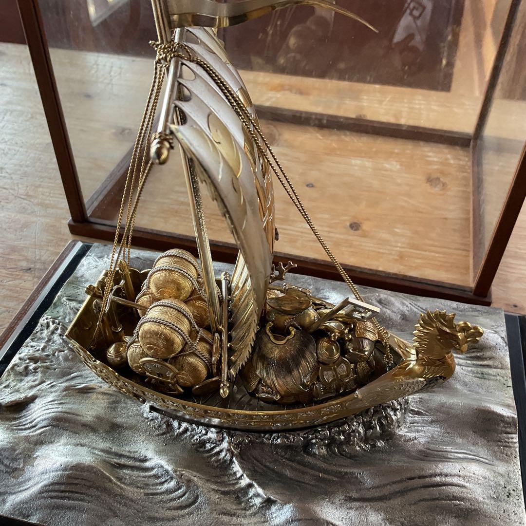 銀製 刻印 宝船 船重量 約346g 置物 ガラスケース付