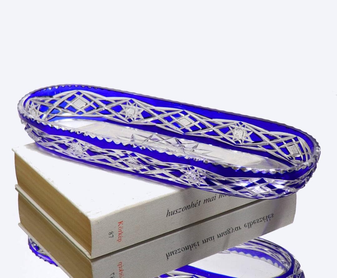 オールド・バカラ 上級作品 青色装飾 長皿 切子 24.4cm 大型 プレート