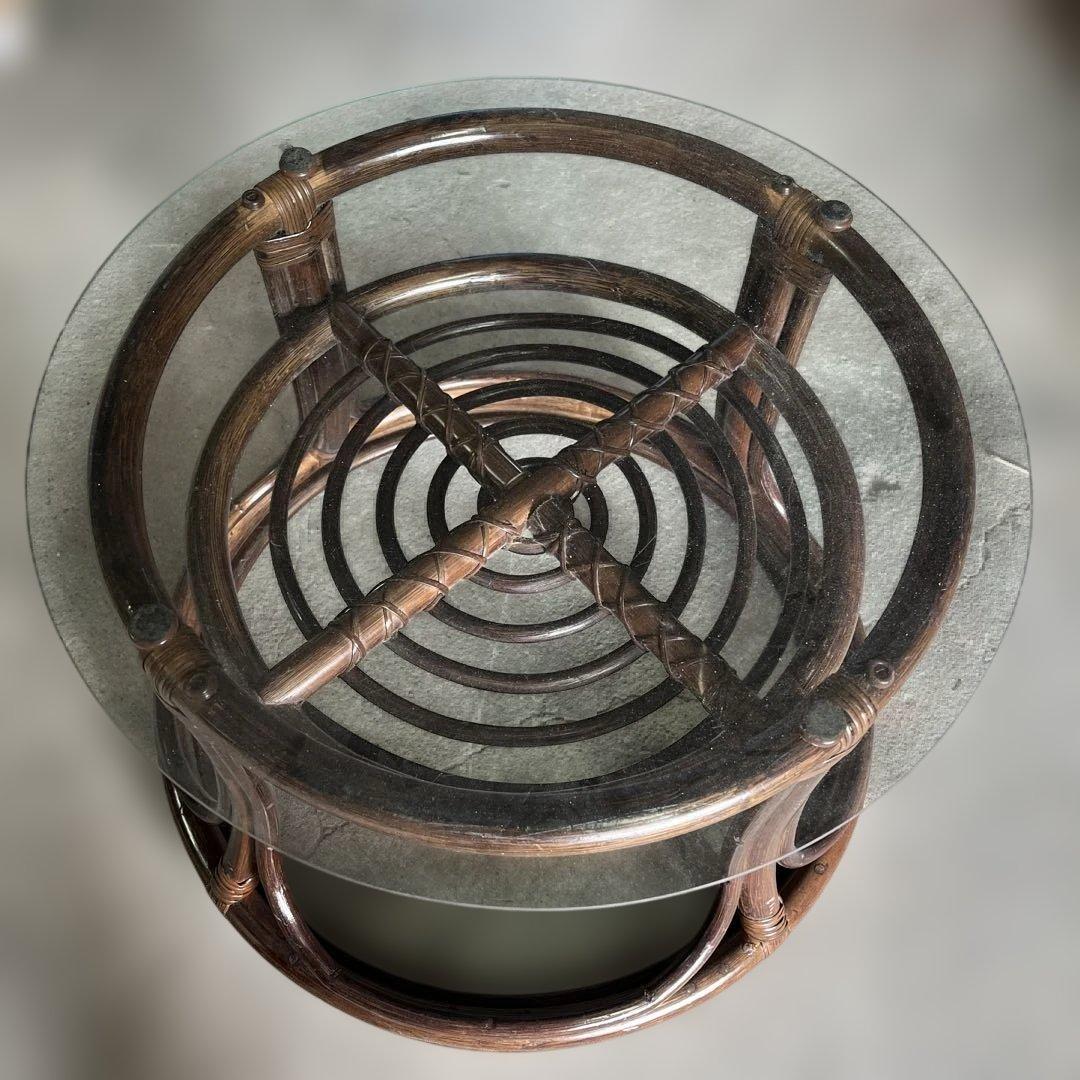 レトロ ラタン(籐) サイドテーブル コーヒーテーブル ガラス天板