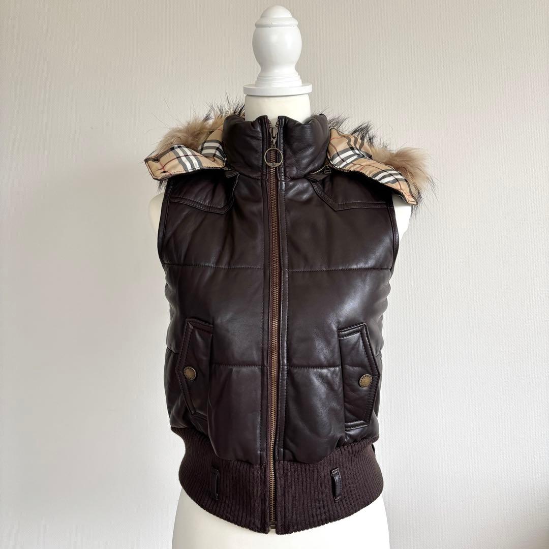 バーバリーブルーレーベル 羊革 ラムレザー ダウンベスト 38 ノバチェック